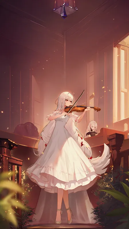 站立 长发 红眼睛 闭着眼睛 白发 动漫女孩 小提琴 乐器 连衣裙 树叶 高跟鞋 脚尖 钢琴  手机壁纸 4K壁纸