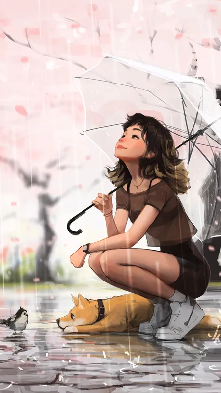 蹲着 笑着 短发女孩 雨中女孩 樱花 雨伞 狗 雨 鸟 花瓣 动物 倒影 AI艺术 手机壁纸 4K壁纸