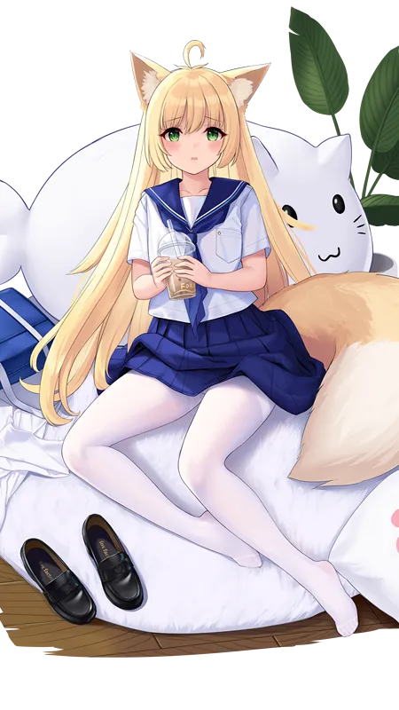 金发 绿眼睛 艾伦 动漫 动漫女孩 AI艺术 校服 连裤袜 兽耳 尾巴 狐狸女孩 狐女  手机壁纸 4K壁纸
