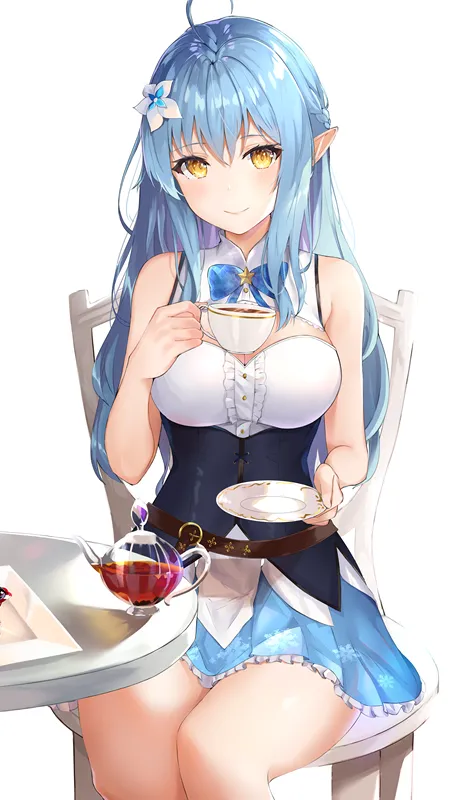 蓝色头发 微笑 动漫女孩 兽耳 茶 蛋糕 手机壁纸 4K壁纸