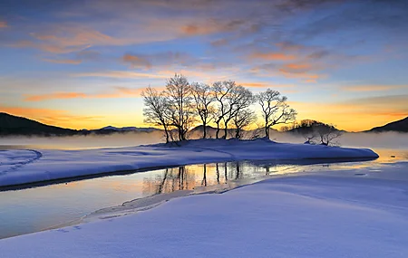 冬天 日落 户外 风景 自然 阳光 寒冷 冰 水 雪 4K壁纸