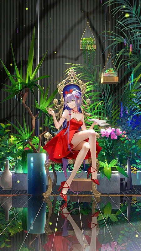 紫色头发 绿色头发 肩膀 动漫 女孩 倒影 植物 连衣裙 红色连衣裙 高跟鞋 红色高跟鞋 手机壁纸 4K壁纸