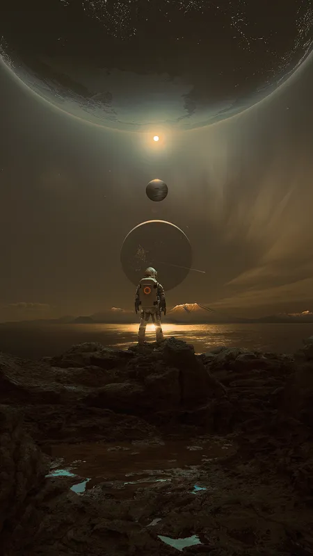 宇航员 行星 火星 天空 夜晚 科幻 小说 太阳系 风景 AI艺术 手机壁纸 4K壁纸