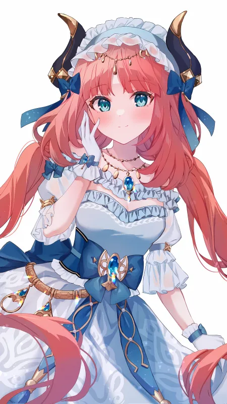 原神 长头发 红发 蓝眼睛 站立 动画 女孩 手套 项链 领结 连衣裙 极简主义 白色背景 简单背景 手机壁纸 4K壁纸