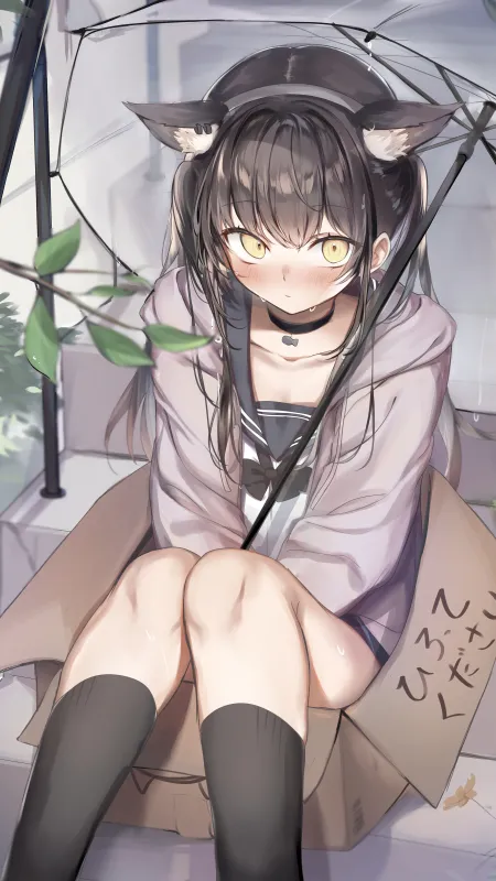 深色头发 动漫 女孩 AI艺术 校服 雨伞 猫耳 黄眼睛 脸红 汗水 楼梯 手机壁纸 4K壁纸