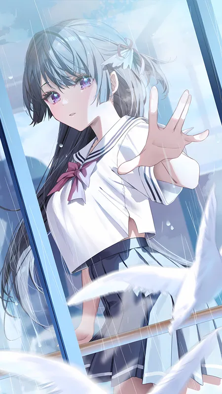 女学生 长发 站立 动漫 女孩 校服 小鸟 阳光 倒影 手机壁纸 4K壁纸