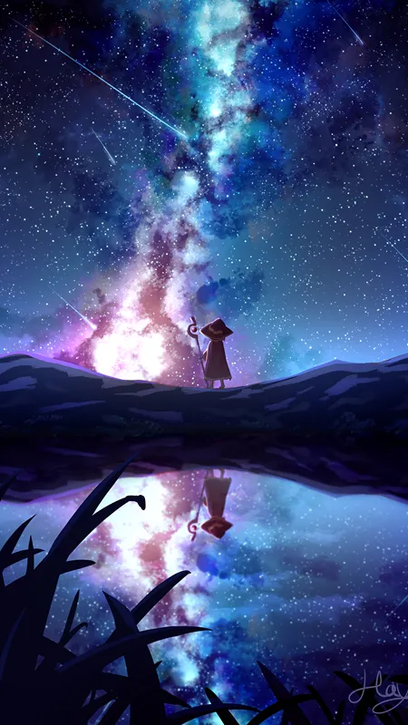 短发 动漫 女孩 女巫帽子 女巫 星星 流星 星夜 夜晚 手机壁纸 4K壁纸