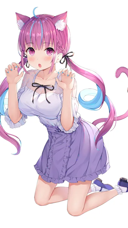 猫女孩 跪着 五颜六色 头发 动漫 女孩 AI艺术 虚拟 兽耳 尾巴 紫色眼睛 双尾 腮红 手机壁纸 4K壁纸