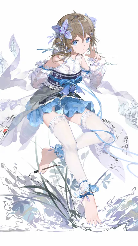 菩提 蓝眼睛 脚 动漫 女孩 长袜 白色背景 极简主义 手机壁纸 4K壁纸