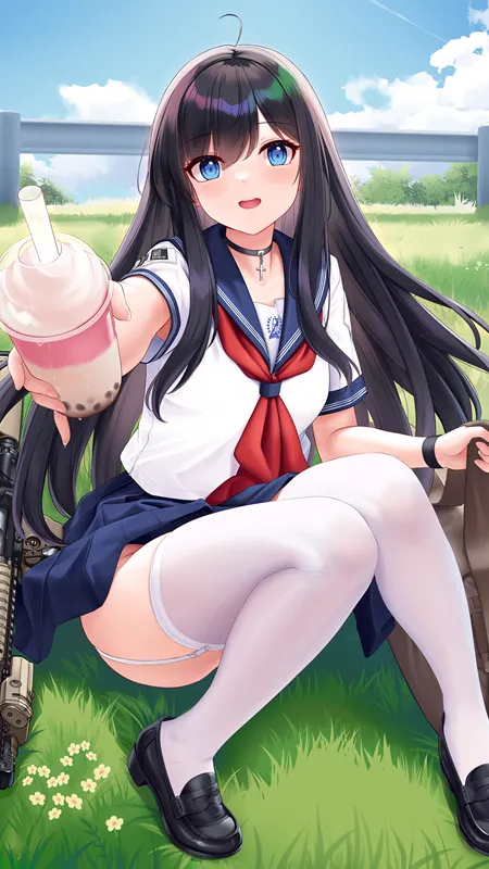 长发 女学生 蓝眼睛 动漫 女孩 饮料 校服 枪 袜子 吊袜带 草 项链 云 花 包 手机壁纸 4K壁纸