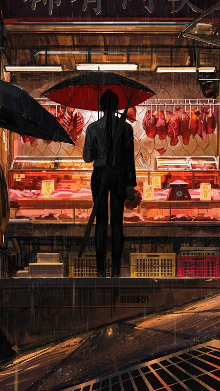 黑发 原创 人物 奇幻 女孩 屠夫 雨 伞 绘画 市场 剑 奇幻艺术 AI艺术 手机壁纸 4K壁纸