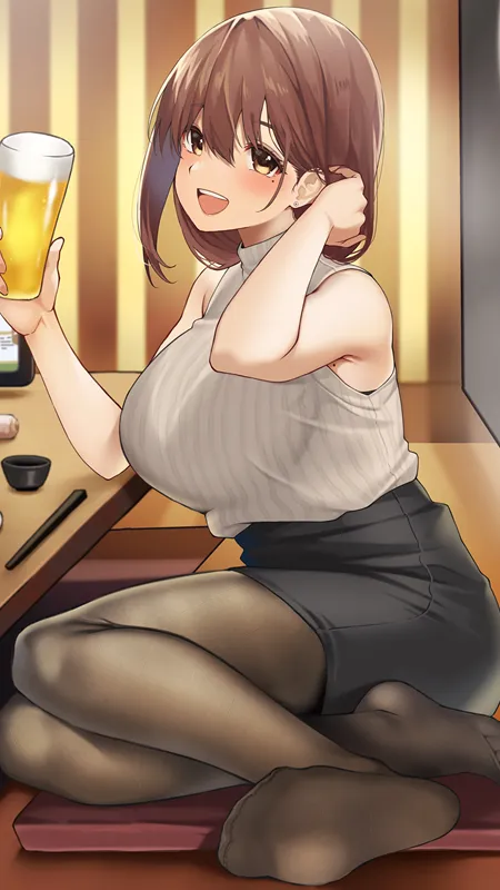 原创 人物 独身 深色头发 微笑 动漫 女孩 AI艺术 啤酒 白色衬衫 黑色裙子 连裤袜 手机壁纸 4K壁纸