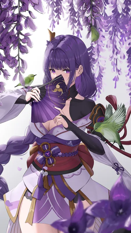 鼹鼠 痣 辫子 长发 紫色头发 原神 动漫 女孩 扇子 花 鸟 动物 花瓣 紫色眼睛 手机壁纸 4K壁纸
