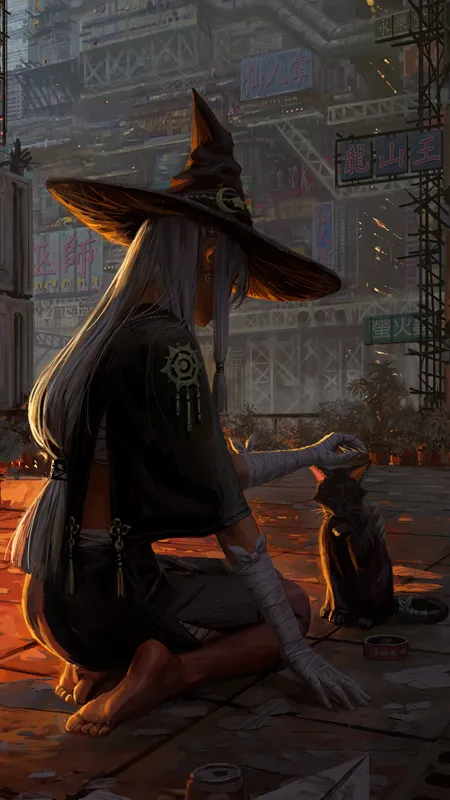 原创 人物 女巫 奇幻 女孩 概念艺术 图片 绘图 女巫帽子 奇幻艺术 猫 手机壁纸 4K壁纸