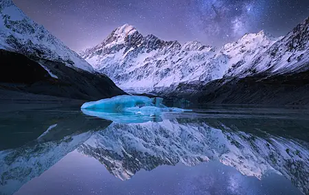 风景 自然 摄影 山 天空 夜 夜景 星星 倒影 雪 山 冰 4K壁纸