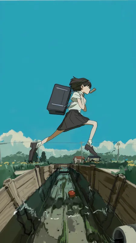 女学生 动漫 动漫女孩 校服 祝酒词 跑步 云 天空 水 4壁纸