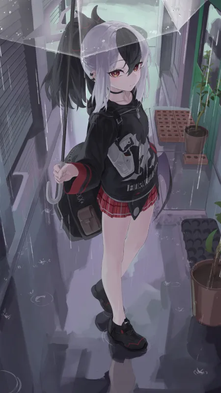 蔚蓝档案 雨伞 动漫女孩 双色调头发 雨 裙子 背包 萝莉 4壁纸