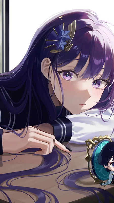 黑眼圈 眼角 紫色头发 女学生 动漫 动漫女孩 原神 雷登幕府 原神 紫色眼睛 桌子 窗户 校服 4壁纸