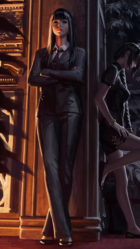 女人 交叉双腿 原创人物 西装 旗袍 黑发 黑色服装 概念艺术 素描 4壁纸