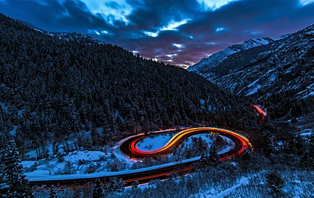 自然 景观 道路 长时间 树木 森林 雪 冬天 发夹弯 