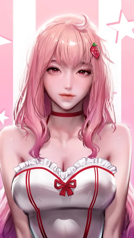 梦幻女孩 粉色头发 粉色眼睛 长发 绘画 4壁纸
