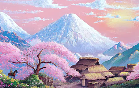 艺术 绘画 富士山 山 樱花 村庄 风景 