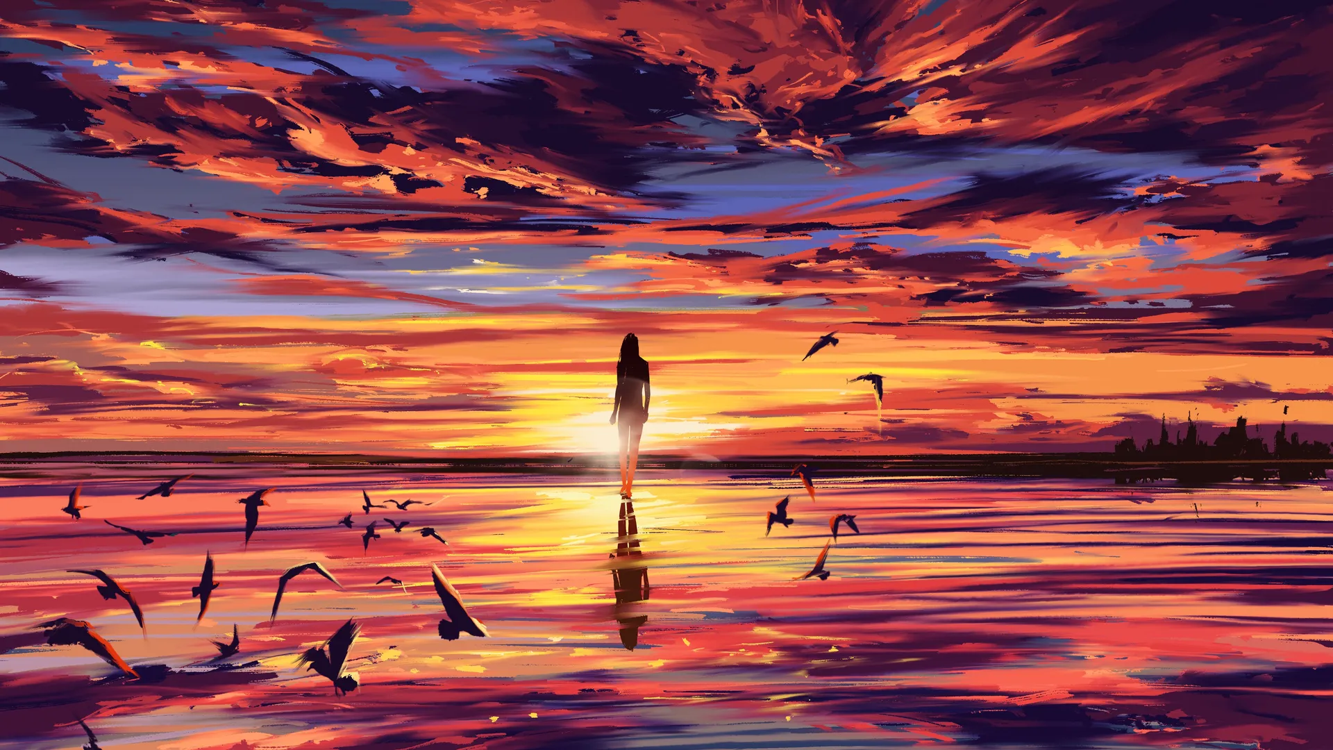 女人 芳贝 AI艺术 风景 日落