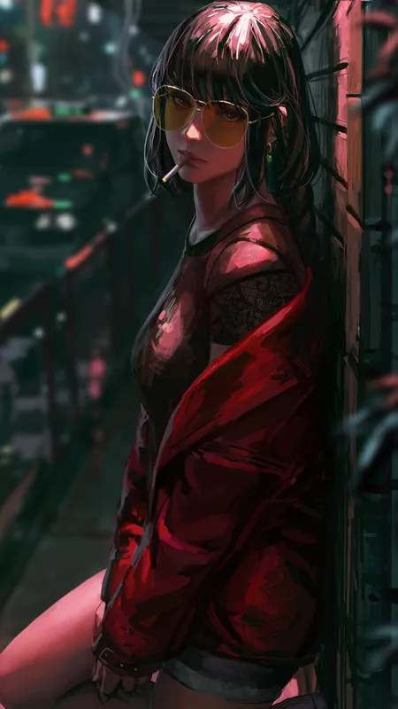 女人 原创人物 古维兹 街道 夜晚 绘画 眼镜  手机壁纸 4K壁纸