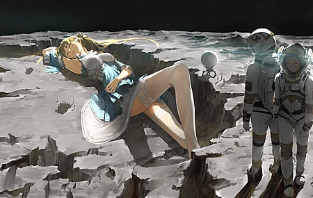 长发 闭眼 胜津 原创人物 动漫 动漫女孩 月亮 星星 宇航服  电脑壁纸 4K壁纸