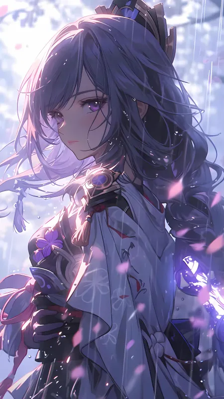动漫女孩 紫色的眼睛 雨 武器 剑 花瓣 艺术 手机壁纸 8K壁纸