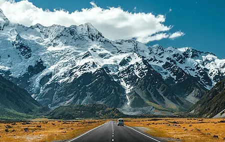 山脉 风景 雪山 道路 汽车 云 新西兰 库克山 自然 雪  电脑壁纸 4K壁纸