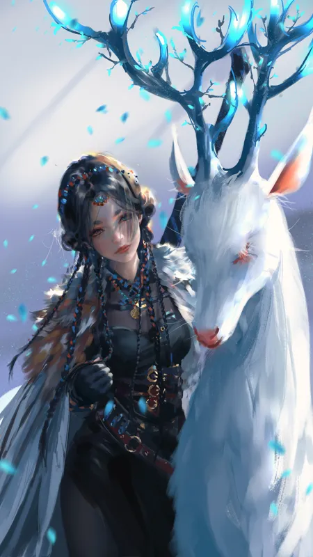 奇幻女孩 辫子 长发 幽灵之刃 AI艺术 鹿 鹿角 手机壁纸 4K壁纸