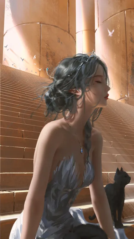 闭眼 女人 楼梯 猫 手机壁纸 4K壁纸