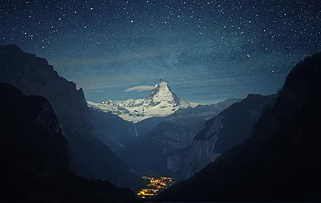 星星 空间 云 山 雪峰 雪 风景 自然 天空 4K壁纸