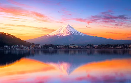 自然 风景 云 天空 雪山 山 水 湖 房屋 城镇 长泉 树木 4K壁纸
