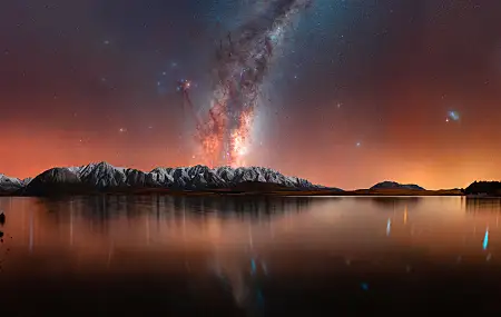自然 景观 水 岩石 山 雪 树木 湖 观星 星团 银河 发光 8K壁纸