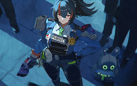 女警察 电子游戏 女孩 站立 枪 抬头 马尾辫 长发 动漫 徽章 领带 制服 4K壁纸