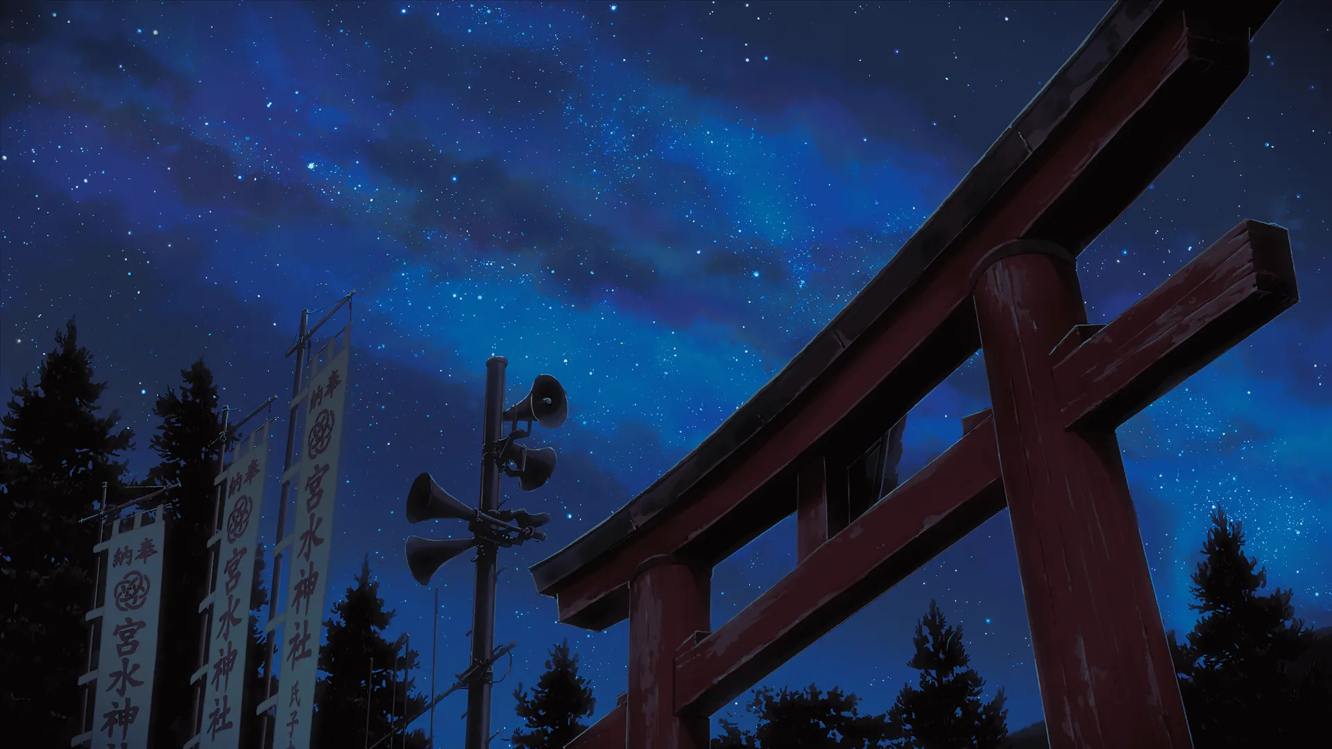 动漫 星星 天空 云 夜 神社 树木 鸟居 4K壁纸