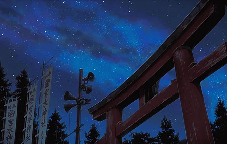 动漫 星星 天空 云 夜 神社 树木 鸟居 4K壁纸