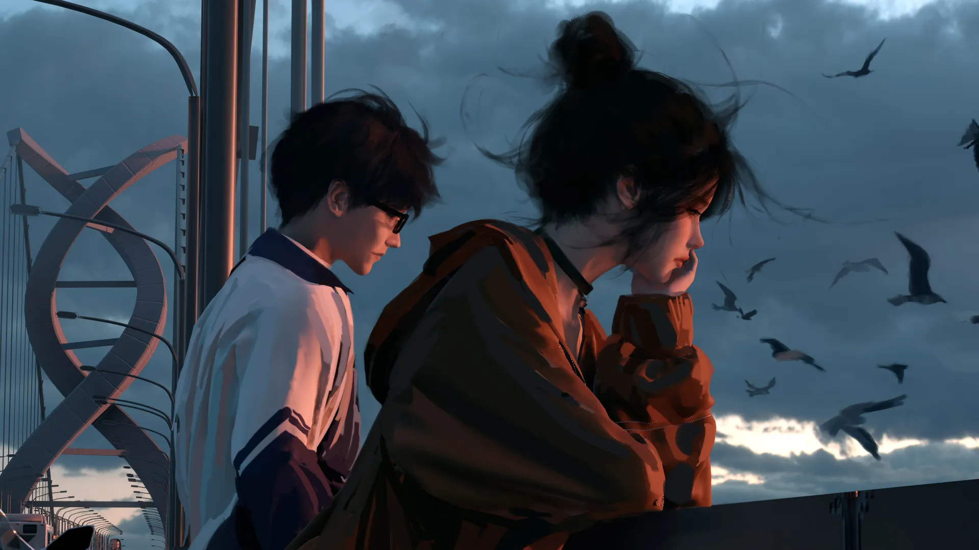 女人 发髻 户外 女人 男人 插图 天空 8K壁纸