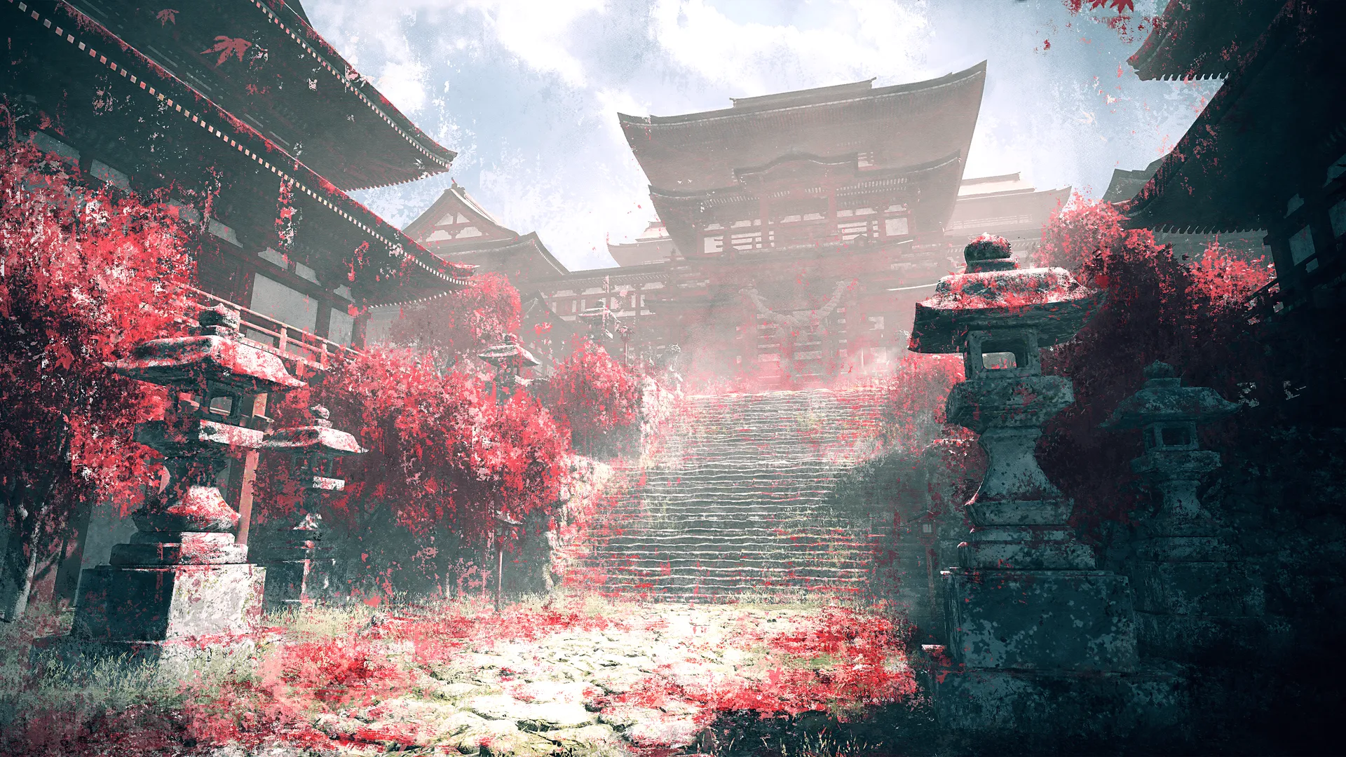 建筑 雾 天空 楼梯 阳光 寺庙 云 树木 草 柱子 4K壁纸