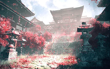 建筑 雾 天空 楼梯 阳光 寺庙 云 树木 草 柱子 4K壁纸