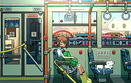 女学生 坐着 短发 黑发 流口水 动漫 女孩 火车 猫 裙子 校服 短袖 动物 背包 睡觉 城市 景观 4K壁纸