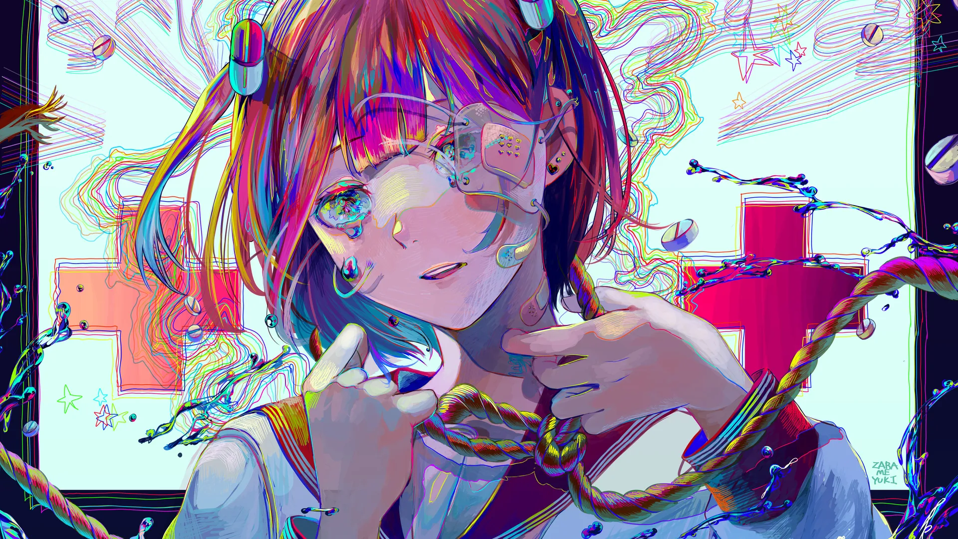 短发 女学生 多色眼睛 多色头发 动漫 女孩 水手制服 绳索 补丁 眼罩 哭泣 水滴 彩色 校服 创可贴 4K壁纸