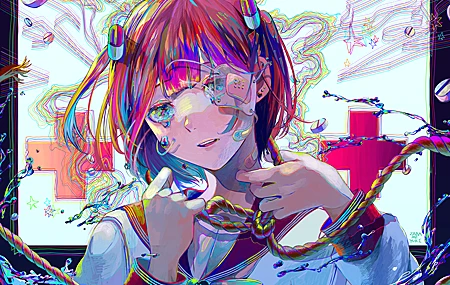 短发 女学生 多色眼睛 多色头发 动漫 女孩 水手制服 绳索 补丁 眼罩 哭泣 水滴 彩色 校服 创可贴 4K壁纸