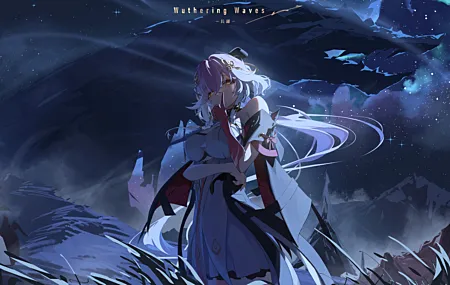 游戏 角色 粉红色头发 站立 女孩 户外 女人 呼啸波 衣服 夜空 星空 树叶 夜 星星 风 8K壁纸