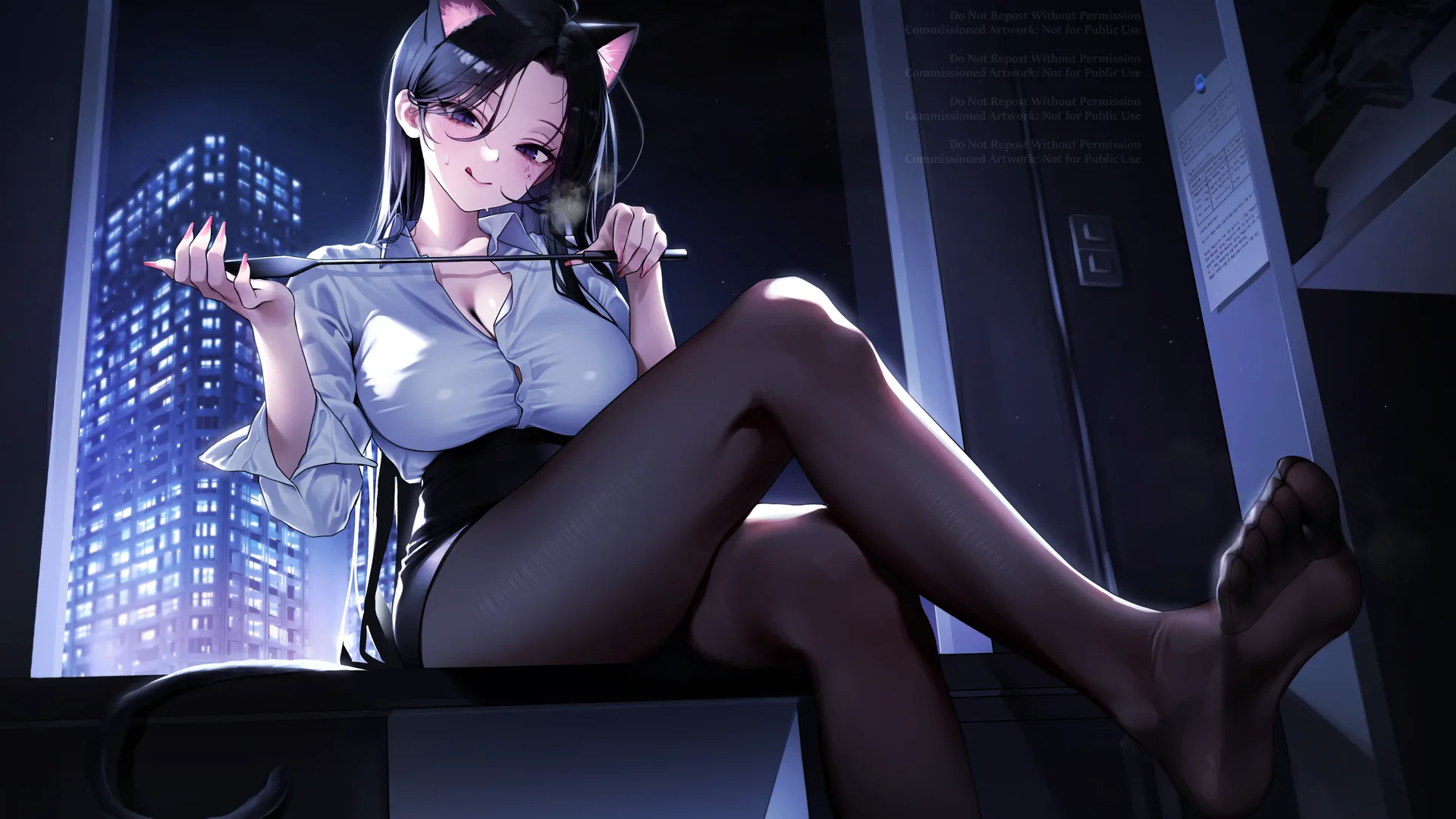 长发 锁骨 坐着 室内 女性 猫女 痣 脚底 蓝眼睛 动漫 女孩 动物 耳朵 汗水 猫耳朵 猫尾巴 星星 城市 灯光 夜 天空 黑发 鞭子 4K壁纸