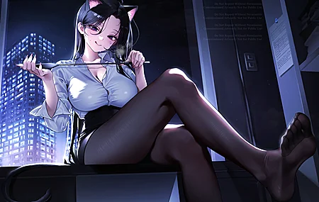 长发 锁骨 坐着 室内 女性 猫女 痣 脚底 蓝眼睛 动漫 女孩 动物 耳朵 汗水 猫耳朵 猫尾巴 星星 城市 灯光 夜 天空 黑发 鞭子 4K壁纸