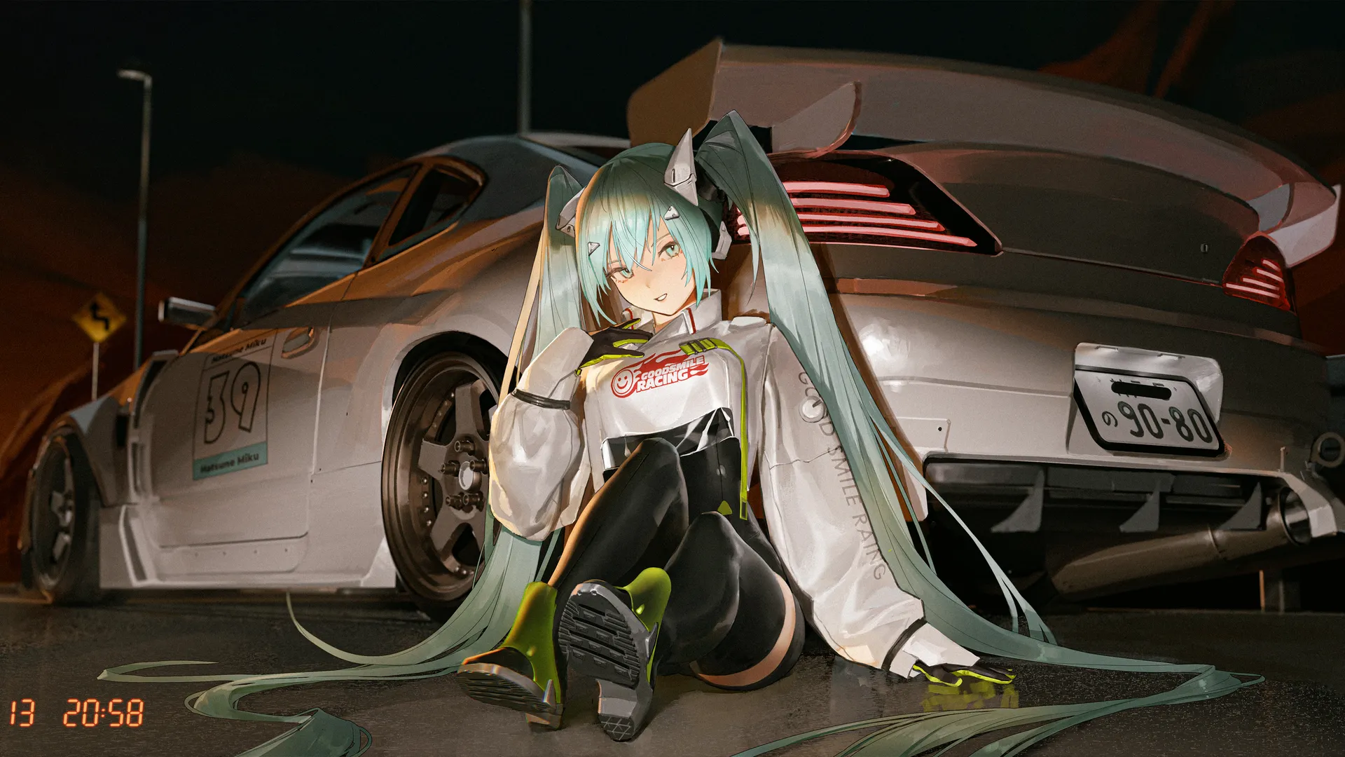 长发 微笑 全身 蓝色头发 蓝色眼睛 坐着 动漫 女孩 初音未来 汽车 赛车 4K壁纸