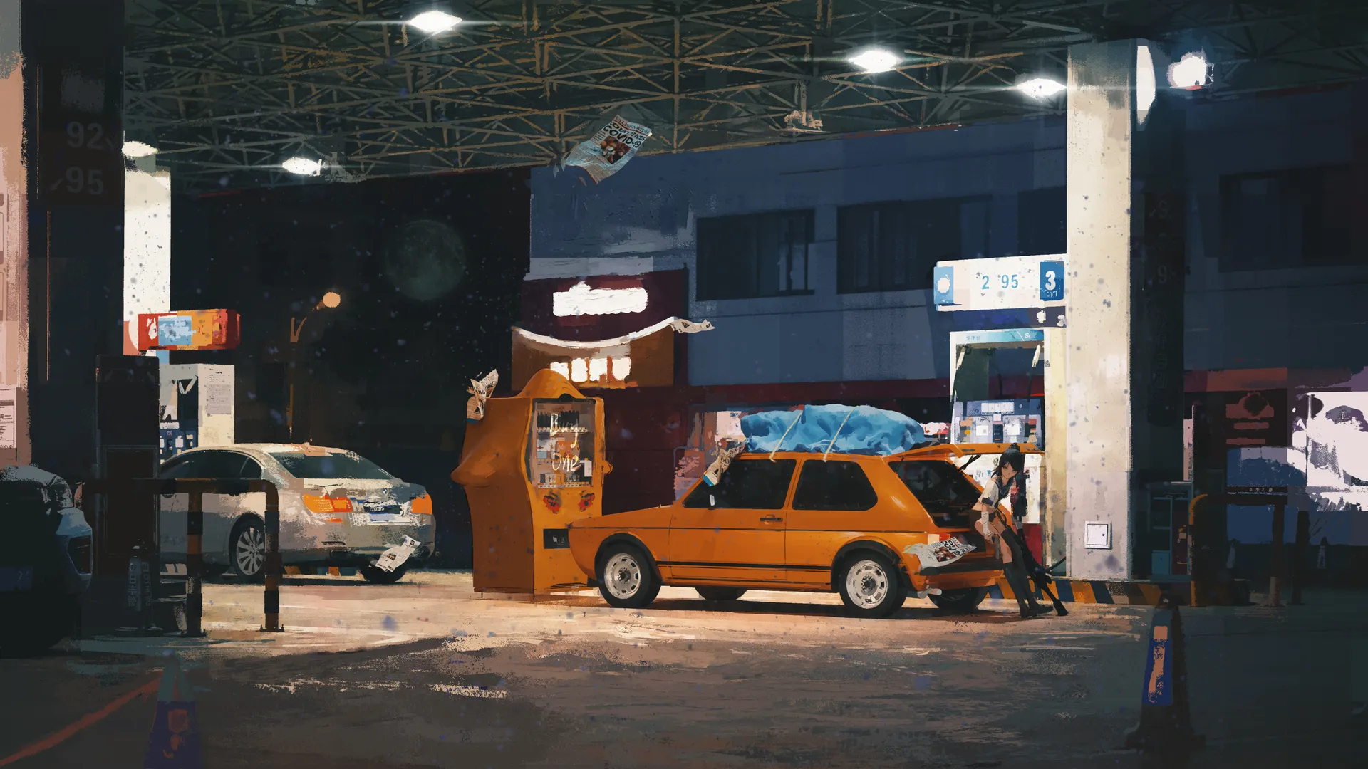 女人 插图 绘画 加油站 车辆 汽车 橙色汽车 月亮 夜晚 4K壁纸